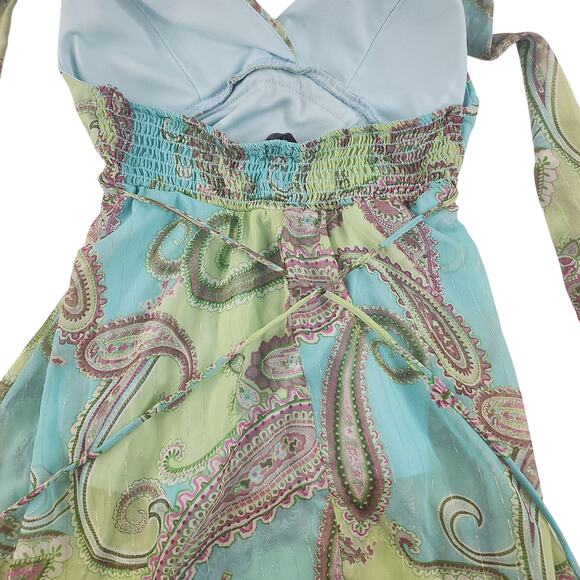 Vintage Y2k Halter Top Small 2000s Paisley Green Blue Lace Chiffon Fairycore - Picture 10 of 15